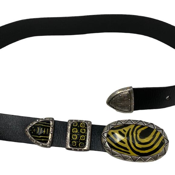 Chico's black leather belt metal tribal buckle size medium - Picture 8 of 8